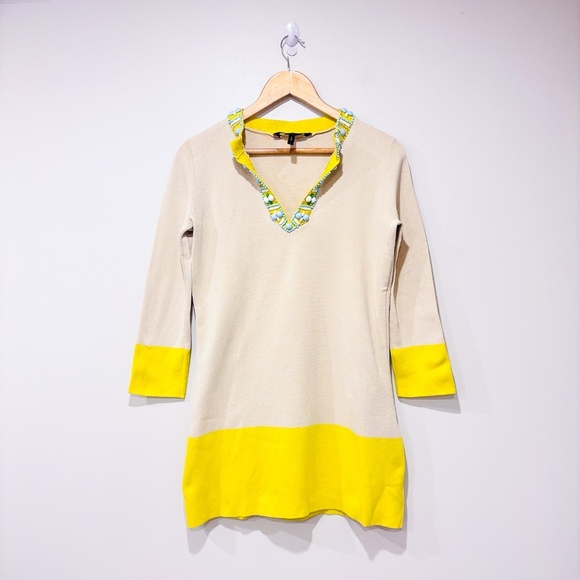 BCBGMAXAZRIA Two-Tone Beige & Yellow Beaded Trim Tunic Top | X-Small * - Picture 1 of 12